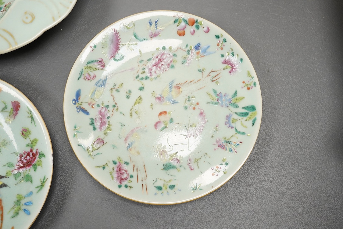 A Japanese bronze mask and four famille rose dishes - largest 29cm